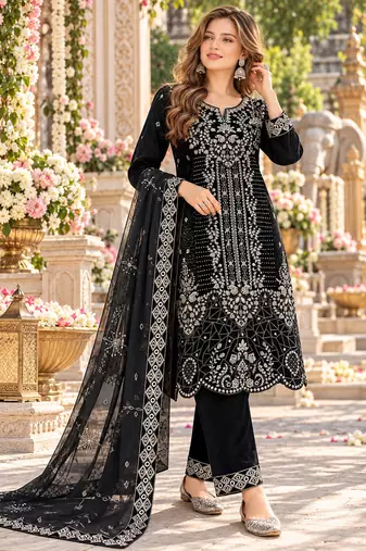 Black velvet semi stitched suit with embroidery & sequence work