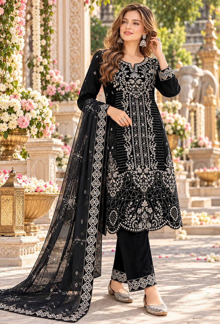 Black velvet semi stitched suit with embroidery & sequence work