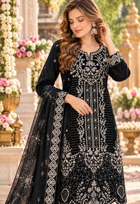 Black velvet semi stitched suit with embroidery & sequence work 2