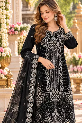 Black velvet semi stitched suit with embroidery & sequence work