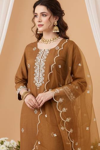 Brown embroidered straight kurta trousers with dupatta set