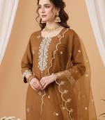Brown embroidered straight kurta trousers with dupatta set