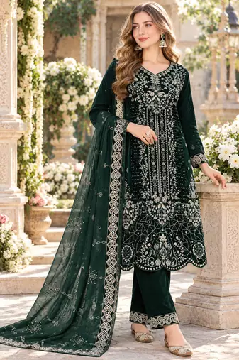 Emerald velvet semi stitched suit with embroidery & sequence work
