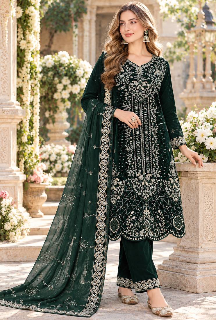 Emerald velvet semi stitched suit with embroidery & sequence work