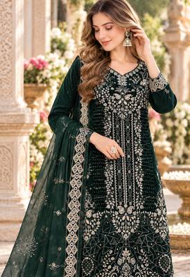Emerald velvet semi stitched suit with embroidery & sequence work 2