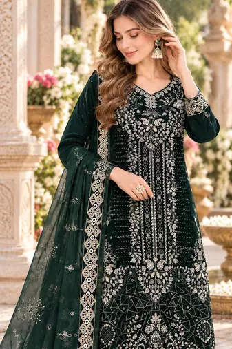 Emerald velvet semi stitched suit with embroidery & sequence work