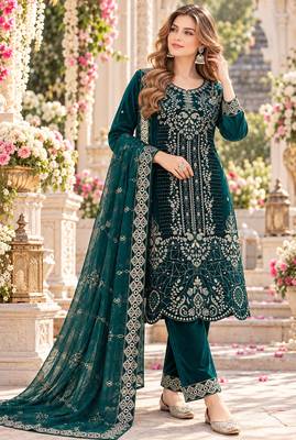 Teal velvet semi stitched suit with embroidery & sequence work 1