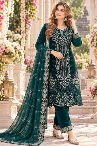 Teal velvet semi stitched suit with embroidery & sequence work