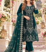 Teal velvet semi stitched suit with embroidery & sequence work