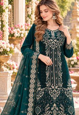 Teal velvet semi stitched suit with embroidery & sequence work 2