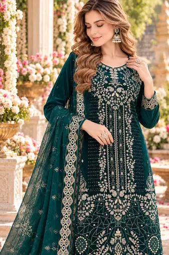 Teal velvet semi stitched suit with embroidery & sequence work