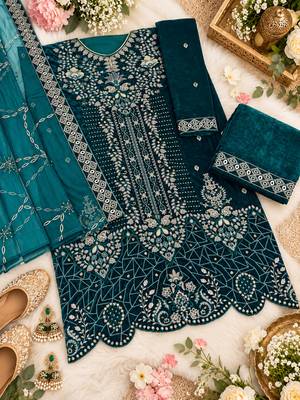 Teal velvet semi stitched suit with embroidery & sequence work 3
