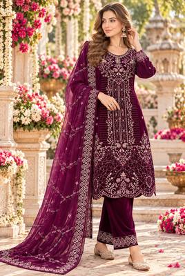 Wine velvet semi stitched suit with embroidery & sequence work 1