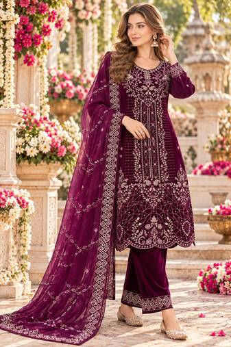 Wine velvet semi stitched suit with embroidery & sequence work