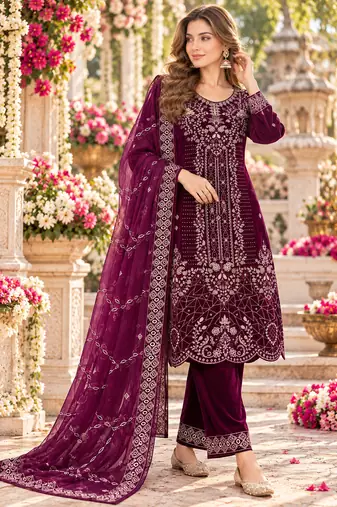 Wine velvet semi stitched suit with embroidery & sequence work