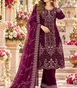 Wine velvet semi stitched suit with embroidery & sequence work