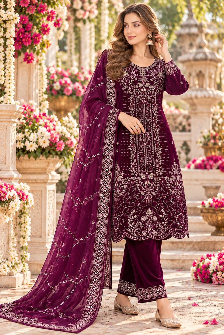Wine velvet semi stitched suit with embroidery & sequence work