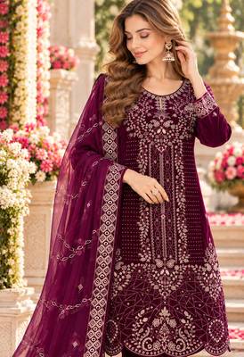 Wine velvet semi stitched suit with embroidery & sequence work 2