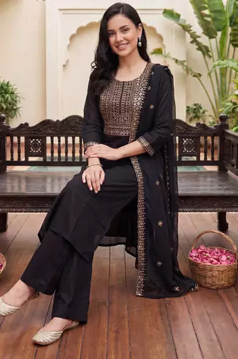 Black embroidered straight kurta trousers with dupatta set