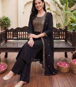Black embroidered straight kurta trousers with dupatta set
