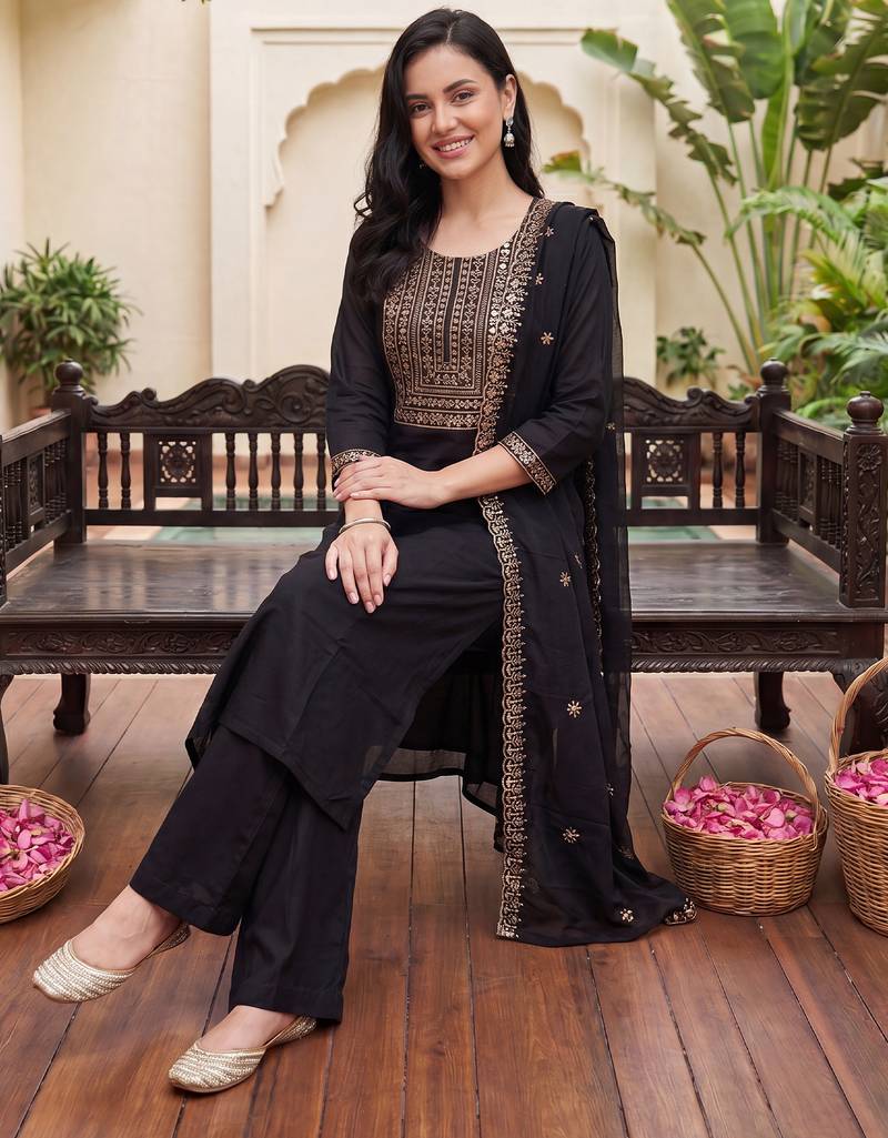 Black embroidered straight kurta trousers with dupatta set