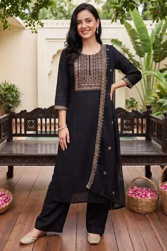 Black embroidered straight kurta trousers with dupatta set
