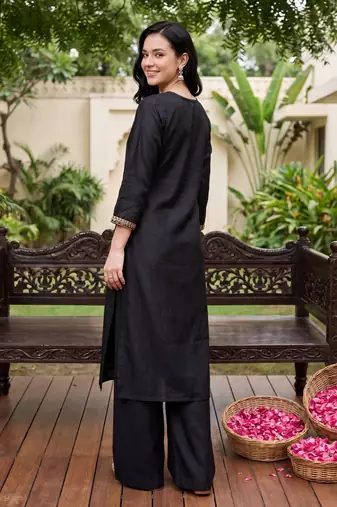 Black embroidered straight kurta trousers with dupatta set