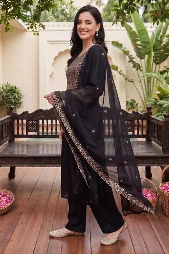 Black embroidered straight kurta trousers with dupatta set