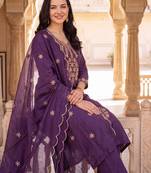 Purple embroidered straight kurta trousers with dupatta set