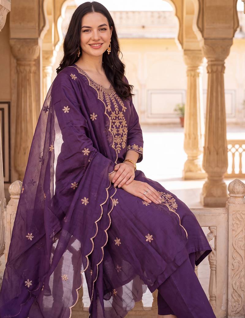 Purple embroidered straight kurta trousers with dupatta set