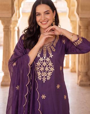 Purple embroidered straight kurta trousers with dupatta set 4