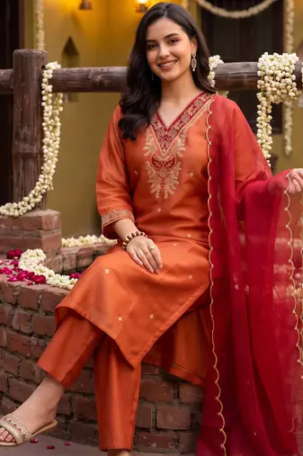 Orange embroidered straight kurta trousers with dupatta set