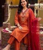 Orange embroidered straight kurta trousers with dupatta set
