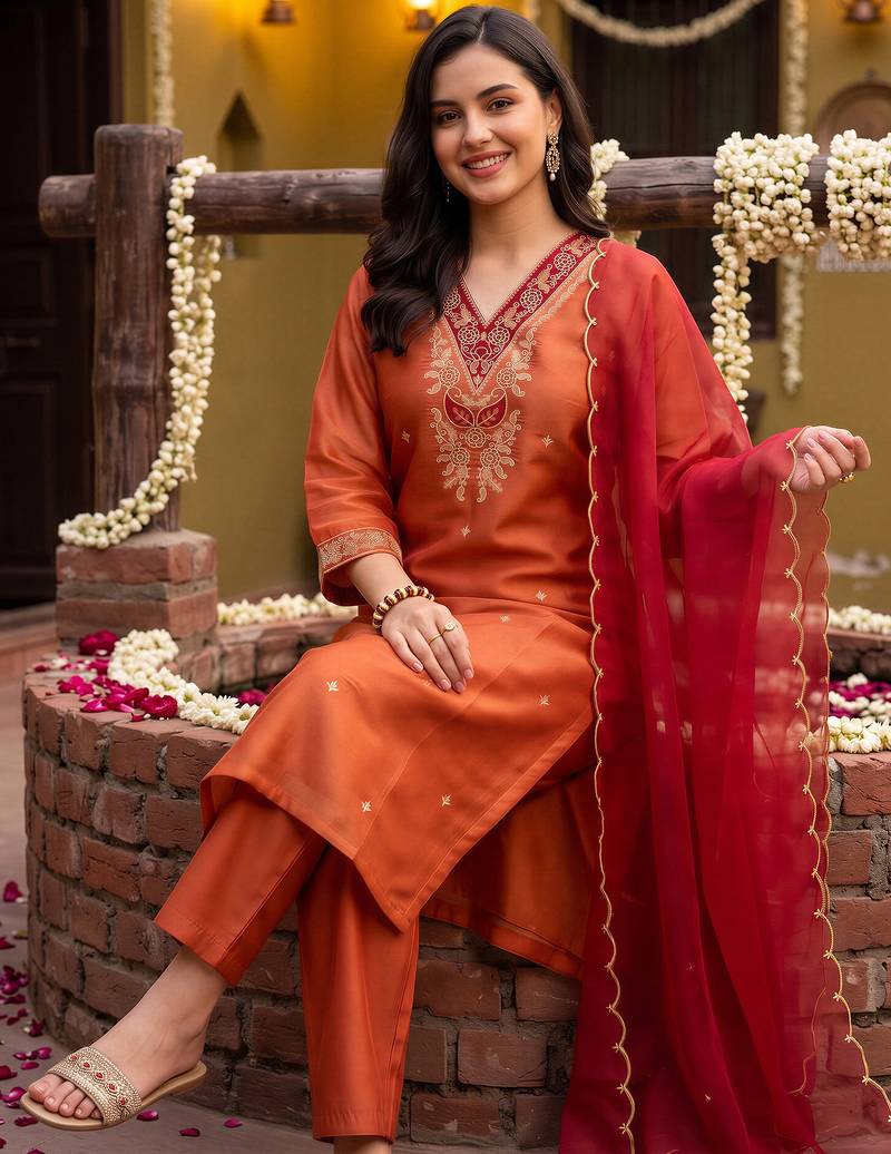 Orange embroidered straight kurta trousers with dupatta set