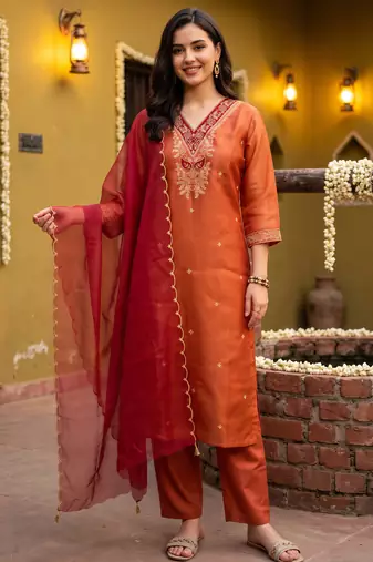 Orange embroidered straight kurta trousers with dupatta set