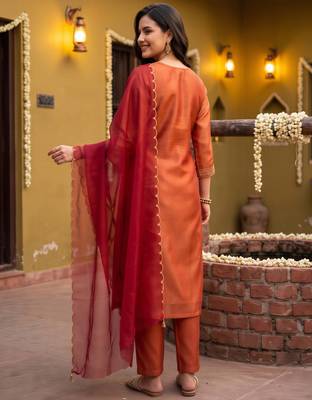 Orange embroidered straight kurta trousers with dupatta set 3