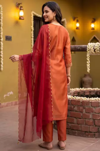 Orange embroidered straight kurta trousers with dupatta set