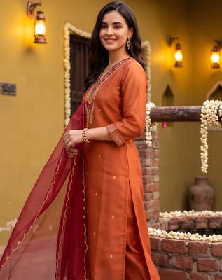 Orange embroidered straight kurta trousers with dupatta set 4