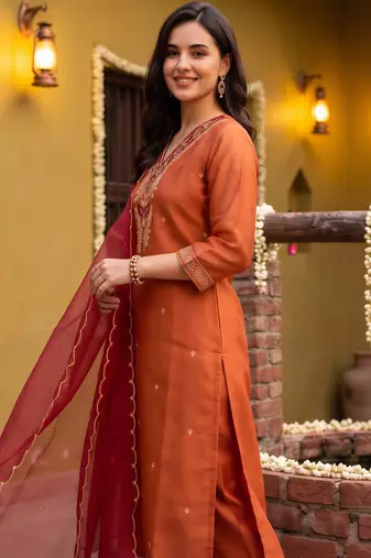 Orange embroidered straight kurta trousers with dupatta set