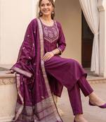 Burgundy embroidered straight kurta trousers with dupatta set