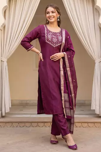 Burgundy embroidered straight kurta trousers with dupatta set