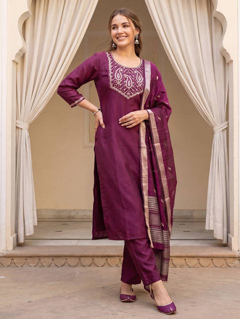 Burgundy embroidered straight kurta trousers with dupatta set
