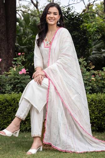 White embroidered straight kurta trousers with dupatta set