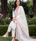 White embroidered straight kurta trousers with dupatta set