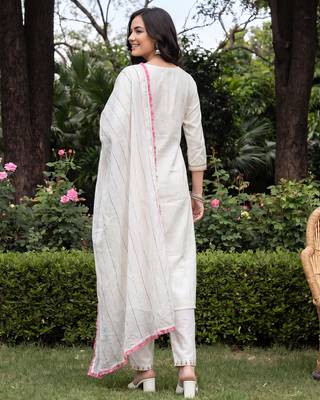 White embroidered straight kurta trousers with dupatta set 2