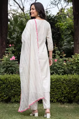 White embroidered straight kurta trousers with dupatta set