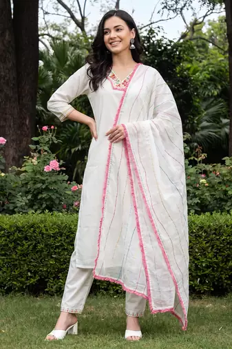 White embroidered straight kurta trousers with dupatta set