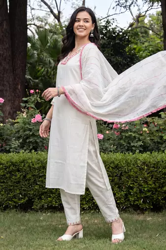 White embroidered straight kurta trousers with dupatta set