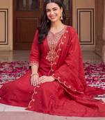 Red embroidered straight kurta trousers with dupatta set
