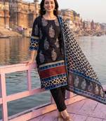 Black printed straight kurta trousers with dupatta set
